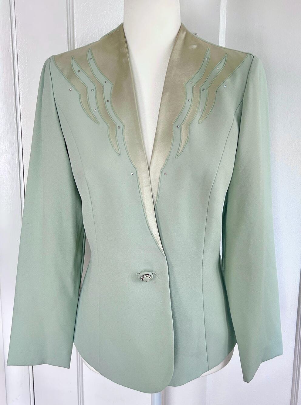 Vintage Mint Blazer, 90s Jacket, Crystal Embellishments, Satin Collar, Women's M